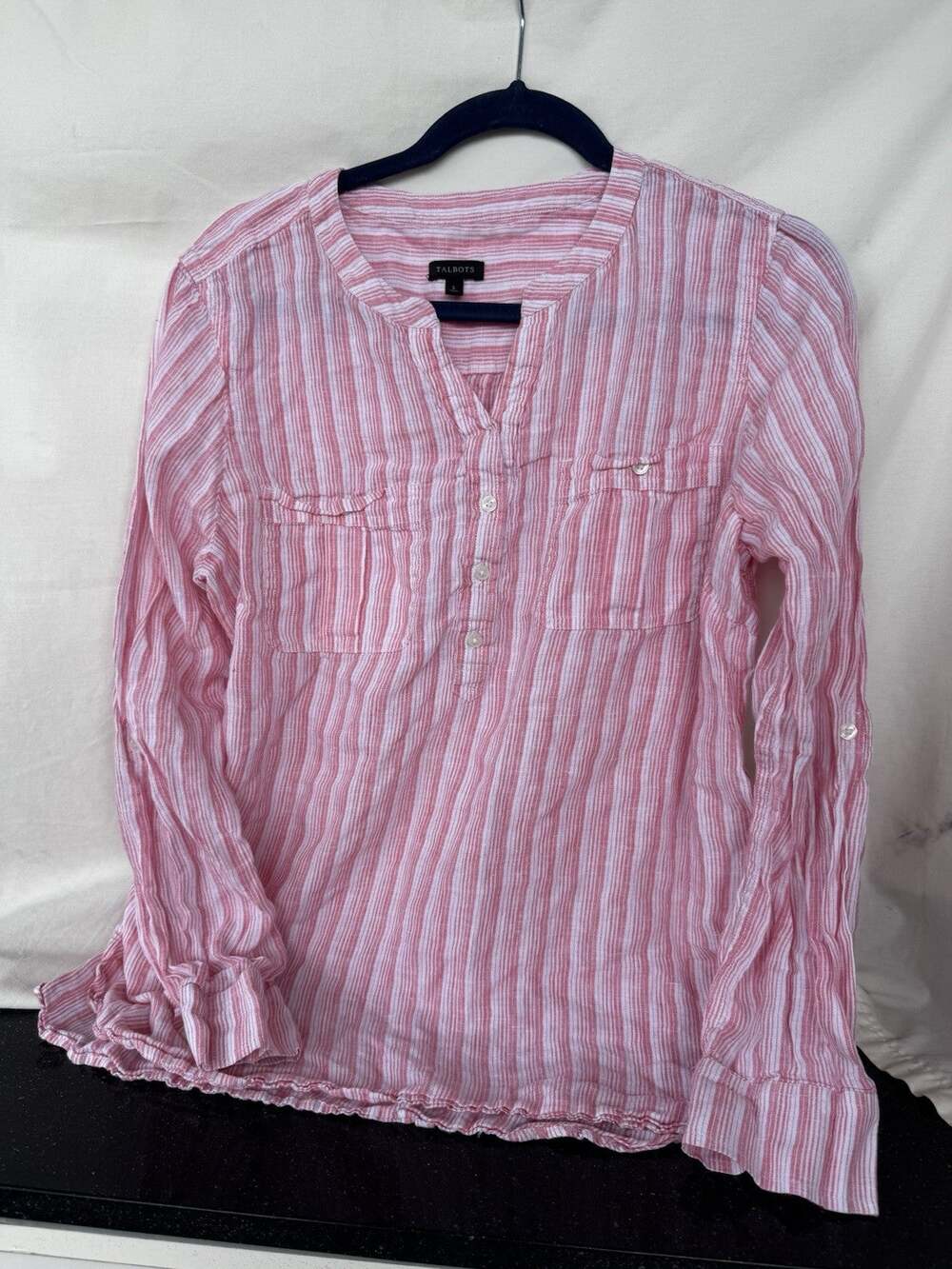 Talbots Lg Pink White Striped Women's 100% Linen Long Sleeve Coastal Resort